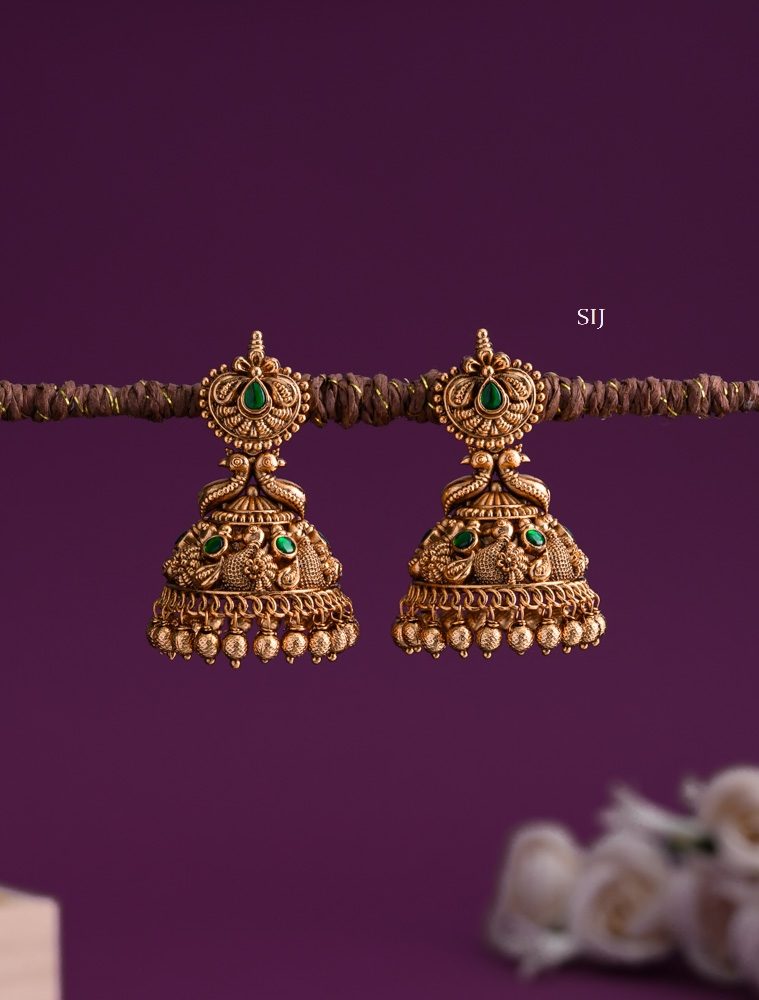 Antique Peacock Jhumkas with Green Stones