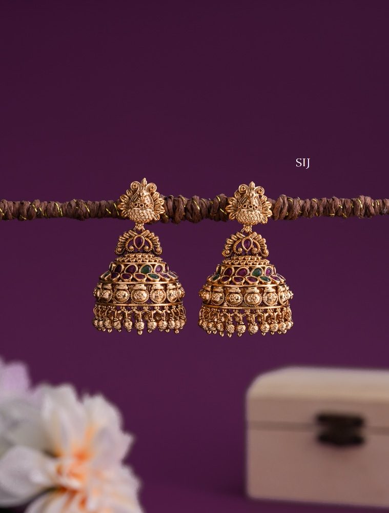 Antique Peacock Jhumkas with Gold Beads