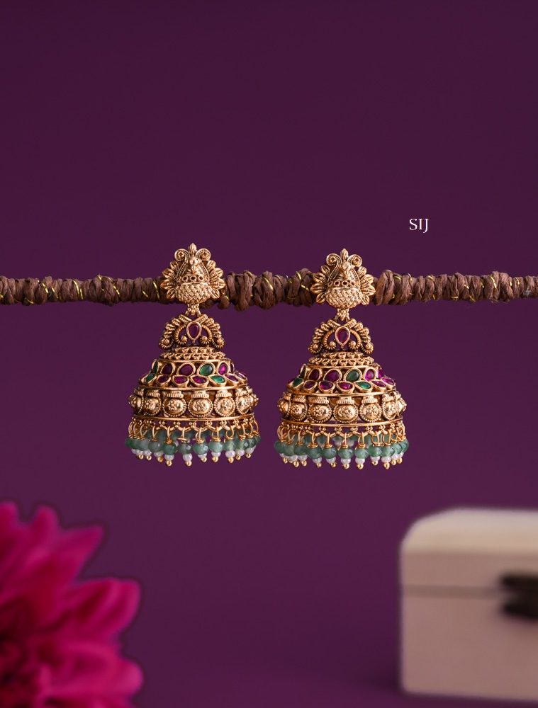 Antique Peacock Jhumkas with Green Beads