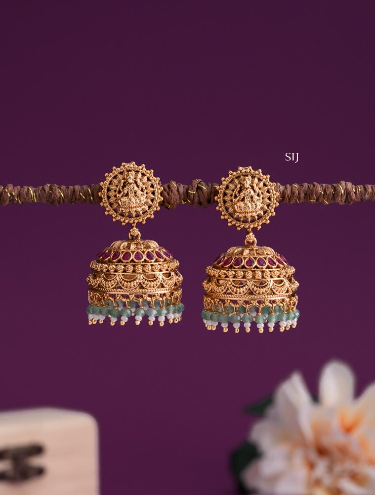 Traditional Lakshmi Earrings with Green Beads Hanging Jhumkas