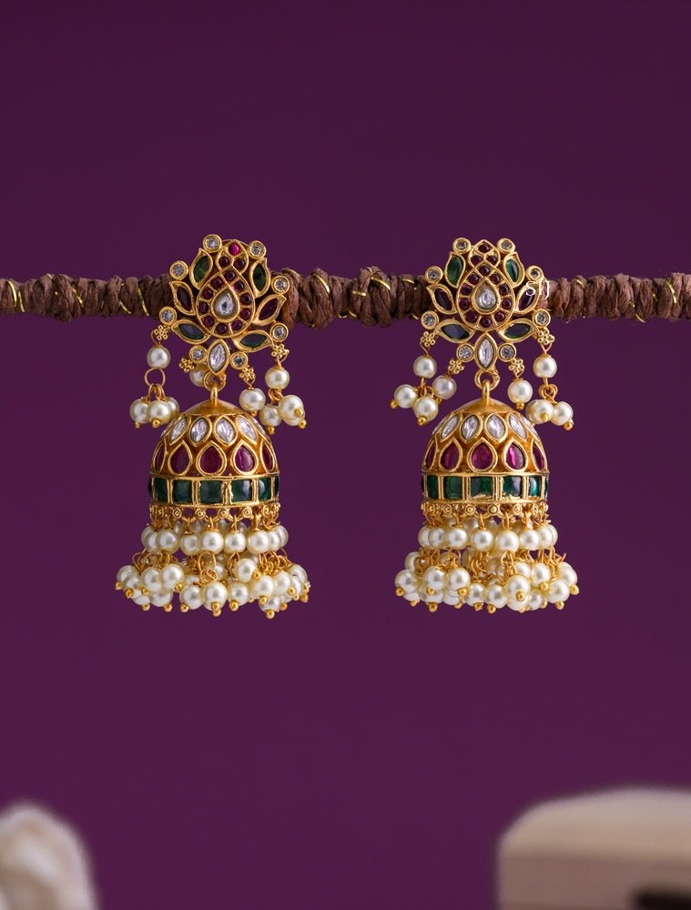 Gold Plated Kemp Stones Lotus Jhumkas with Pearl Hangings
