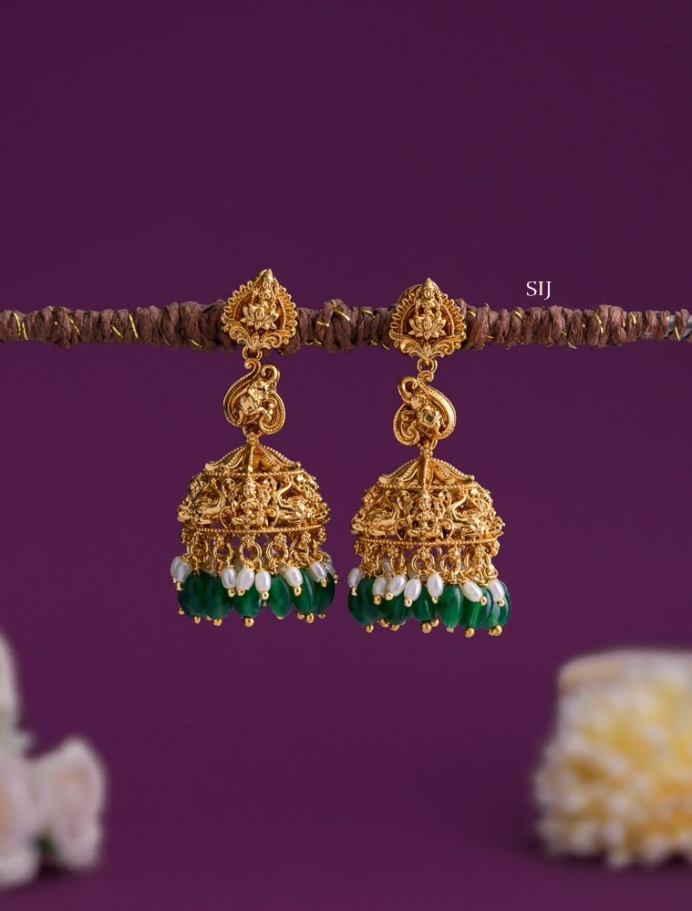 Antique Lakshmi Jhumkas with Green Beads and Pearl Hangings