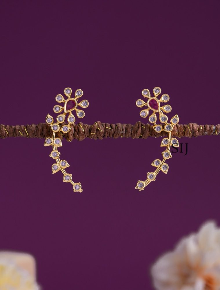 Gold Finish Floral Diamond Replica Ear Cuff with Ruby Stone