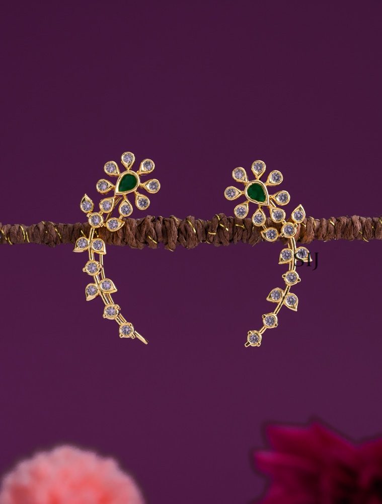 Green Floral White AD Stones Earcuff With Green Stone