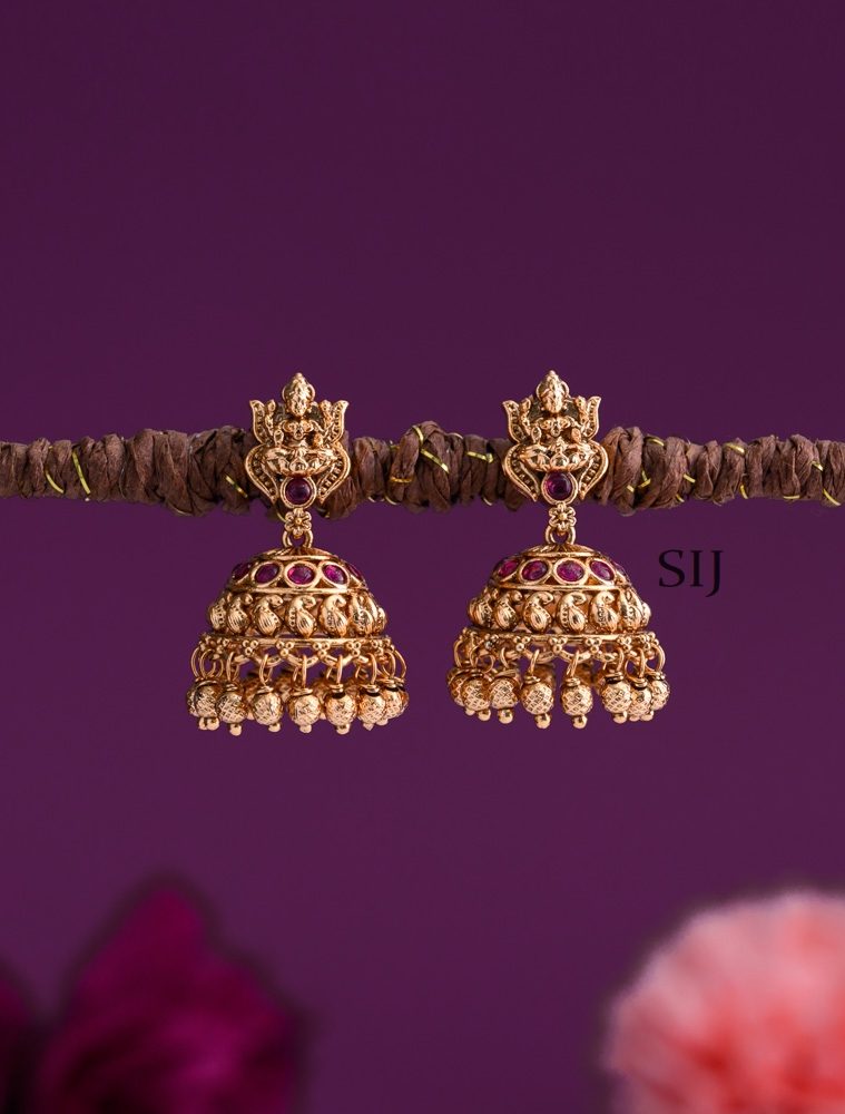 Antique Lakshmi Jhumkas With Ruby And Pearl