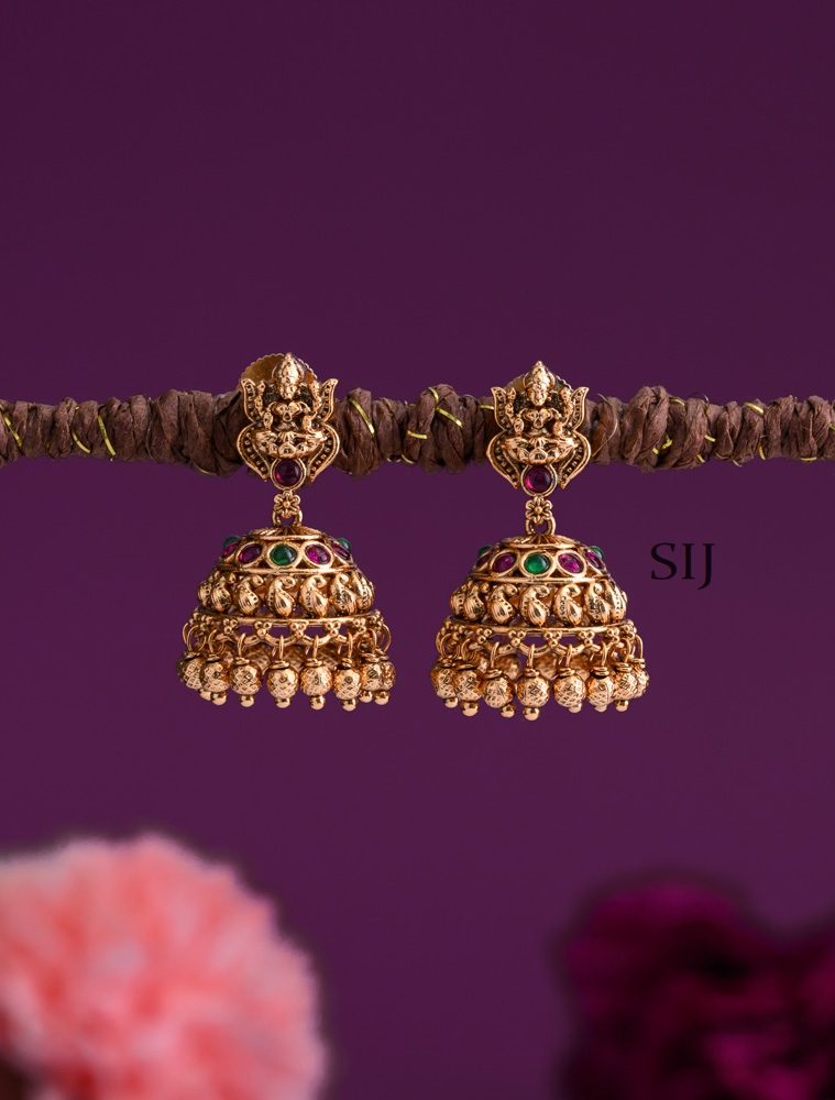 Antique Lakshmi Jhumkas With Multi Stones And Pearl