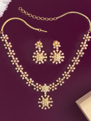 Gold Finish White AD Stones Flower Design Attigai Necklace