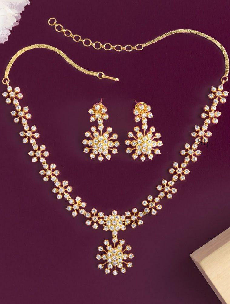Gold Finish White AD Stones Flower Design Attigai Necklace