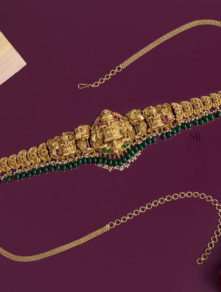 Antique Lakshmi Devi Hip Belt with Green Beads Hangings