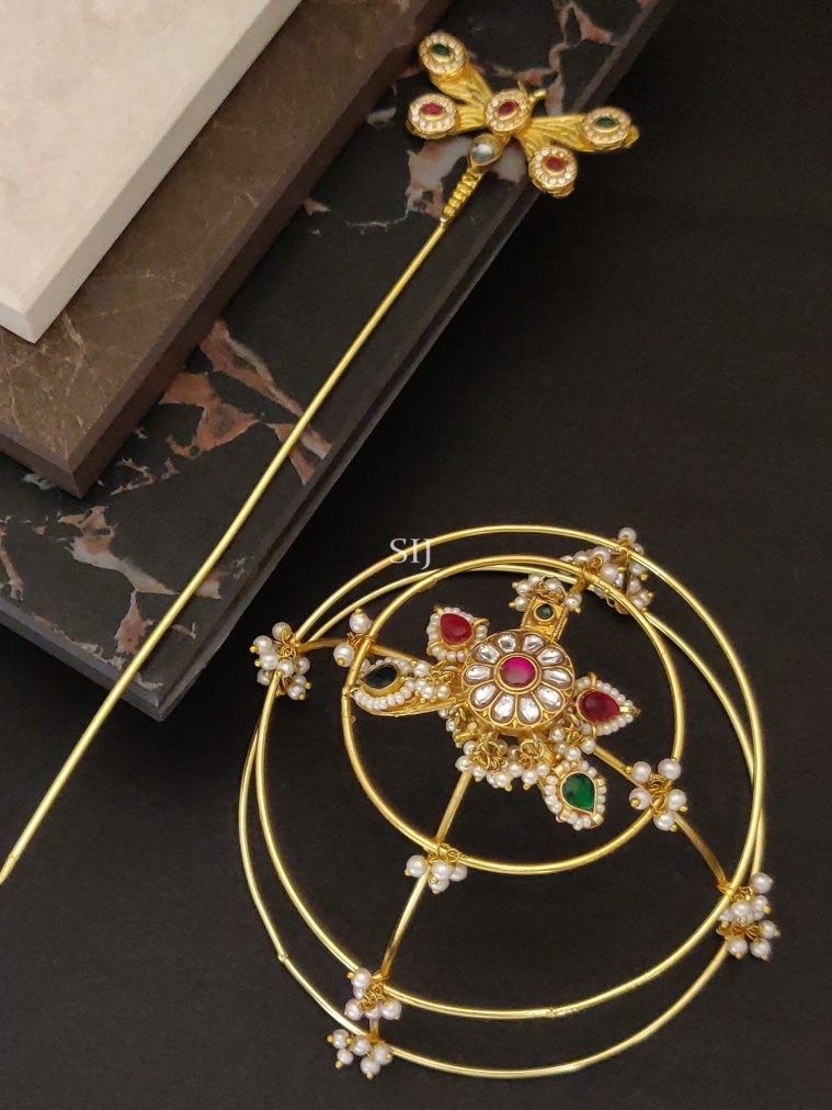 Multi Color Stones and Pearl Hair Bun Holder with Juda Stick