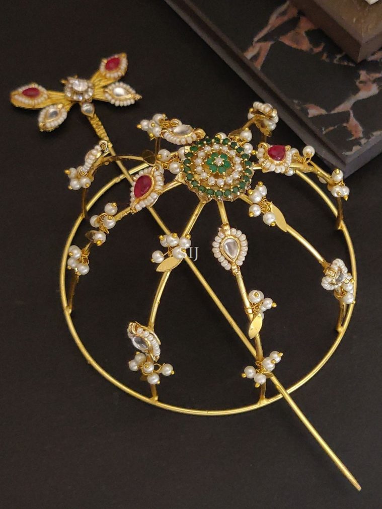 Gold Plated Artificial Stones and Pearl Hair Bun Holder with Juda Stick