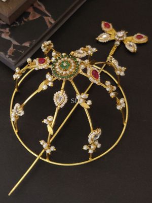 Gold Plated Artificial Stones and Pearl Hair Bun Holder with Juda Stick