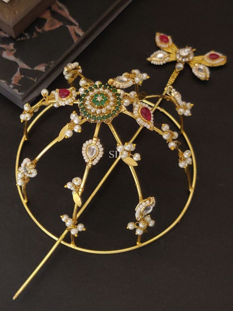 Gold Plated Artificial Stones and Pearl Hair Bun Holder with Juda Stick