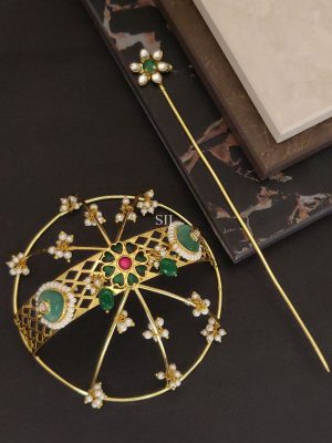 Artificial Green Stones and Pearl Hair Bun Holder with Juda Stick