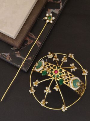 Artificial Green Stones and Pearl Hair Bun Holder with Juda Stick