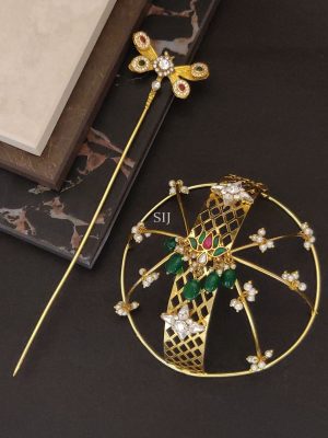 Multi Color Stones and Pearl Lotus Design Hair Bun Holder with Green Beads
