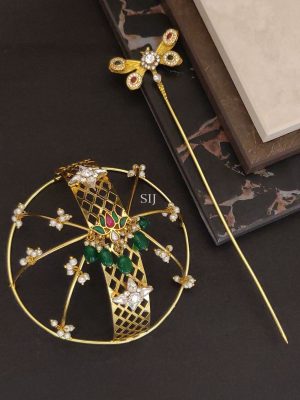 Multi Color Stones and Pearl Lotus Design Hair Bun Holder with Green Beads