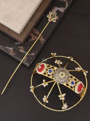 Gold Finish Multi Color Stones and Pearl Hair Bun Holder with Juda Stick