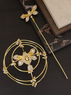 White Stones and Pearl Butterfly Design Hair Bun Holder with Juda Stick