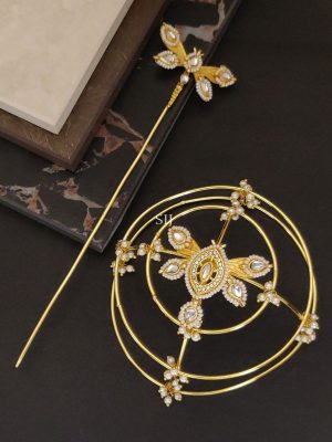 White Stones and Pearl Butterfly Design Hair Bun Holder with Juda Stick