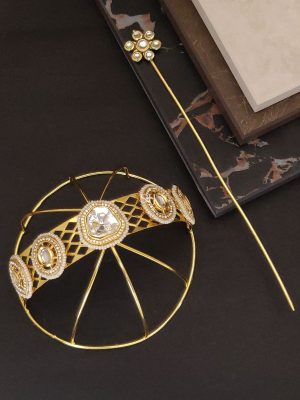 Gold Finish Kundan And Pearl Hair Bun Holder with Juda Stick