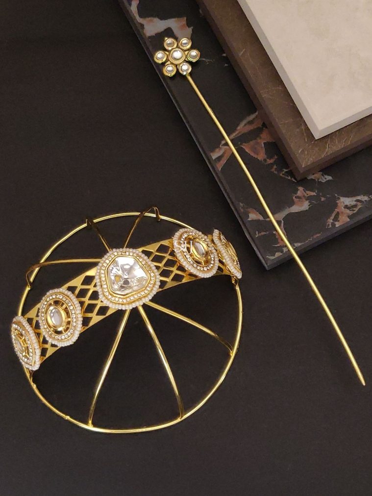 Gold Finish Kundan And Pearl Hair Bun Holder with Juda Stick