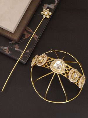 Gold Finish Kundan And Pearl Hair Bun Holder with Juda Stick