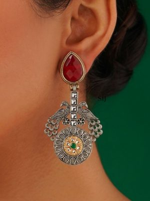 Set of 2 Gold & Silver Peacock Earrings Combo