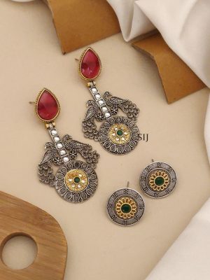 Set of 2 Gold & Silver Peacock Earrings Combo
