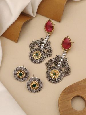 Set of 2 Gold & Silver Peacock Earrings Combo
