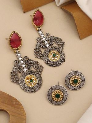 Set of 2 Gold & Silver Peacock Earrings Combo