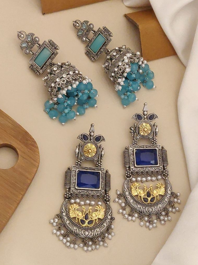 Set of 2 Colours Silver Plated Jhumkas & Chandbali Earrings