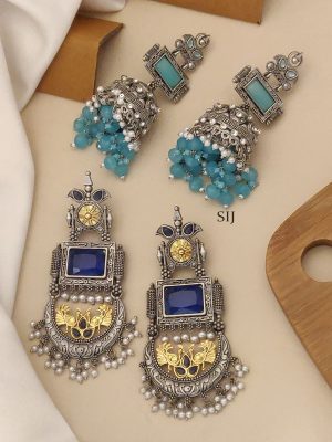 Set of 2 Colours Silver Plated Jhumkas & Chandbali Earrings