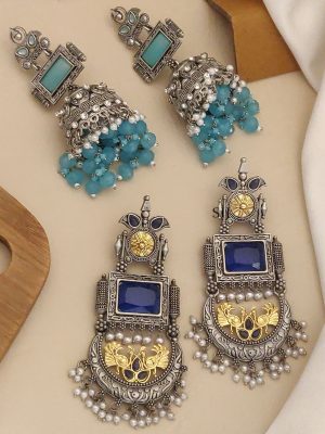 Set of 2 Colours Silver Plated Jhumkas & Chandbali Earrings