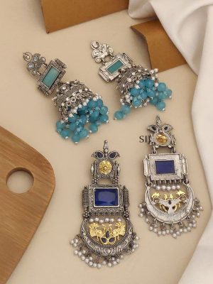 Set of 2 Colours Silver Plated Jhumkas & Chandbali Earrings