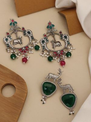 Set of 2 German Silver Animal Pattern Earrings Combo