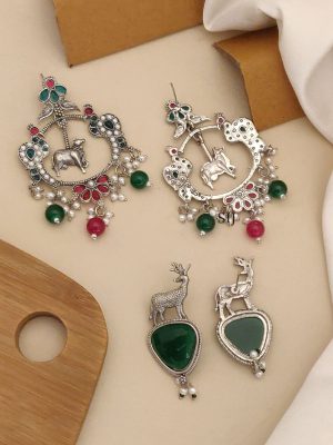 Set of 2 German Silver Animal Pattern Earrings Combo