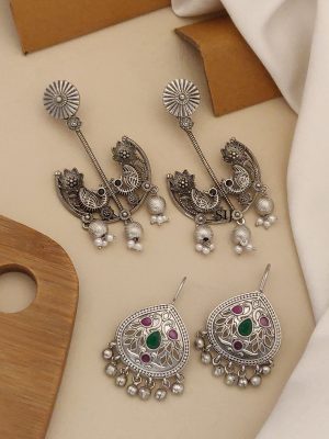 Set of 2 German Silver Plated Peacock Earrings Combo