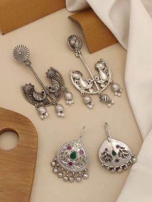 Set of 2 German Silver Plated Peacock Earrings Combo