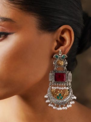 Set of 2 German Silver Plated Danglers & Chandbali Earrings Combo