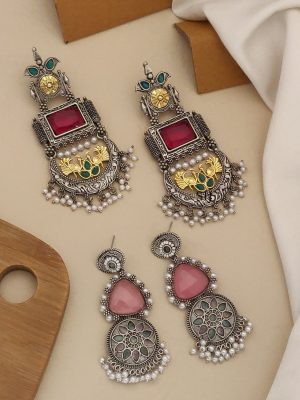 Set of 2 German Silver Plated Danglers & Chandbali Earrings Combo