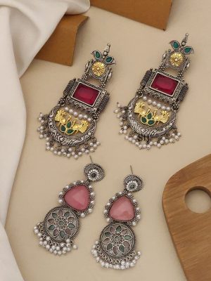Set of 2 German Silver Plated Danglers & Chandbali Earrings Combo