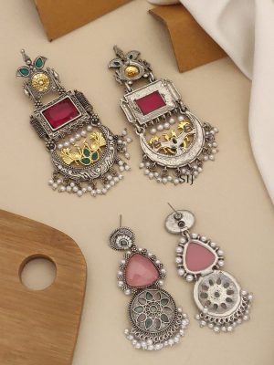 Set of 2 German Silver Plated Danglers & Chandbali Earrings Combo