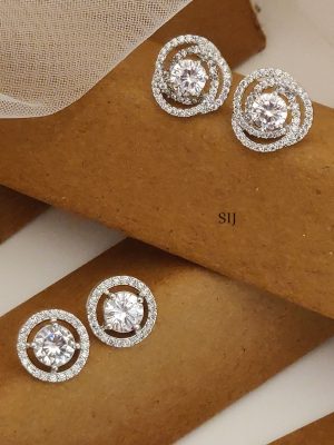 Set of 2 Silver Plated White AD Stones Ear Studs Combo
