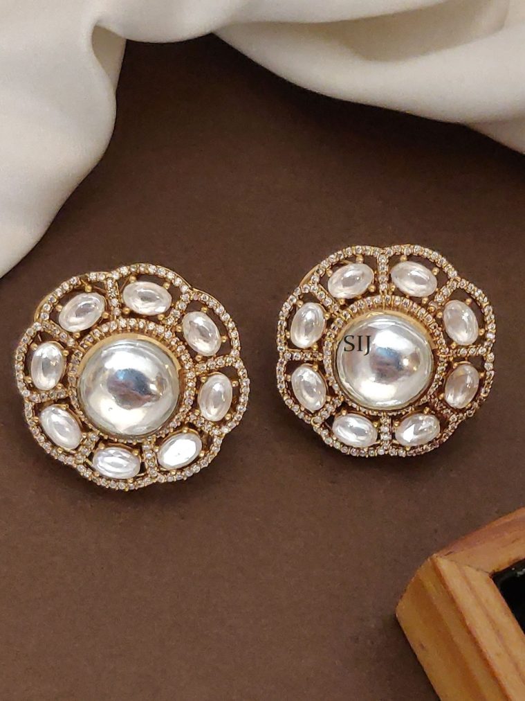 Floral Gold Plated Polki Stone Ear Studs