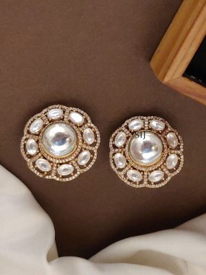 Floral Gold Plated Polki Stone Ear Studs