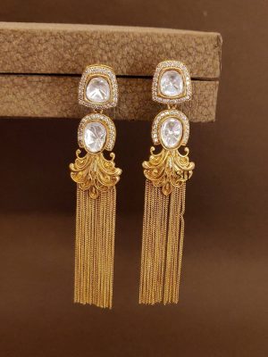 Long Gold Plated Polki Party Wear Earrings