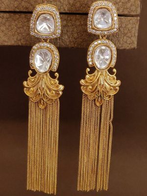 Long Gold Plated Polki Party Wear Earrings