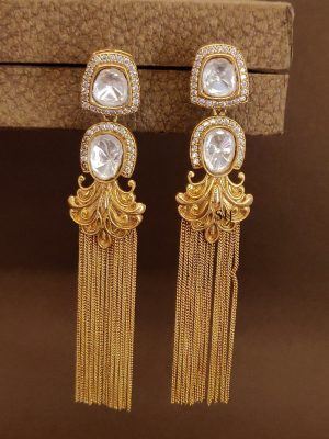 Long Gold Plated Polki Party Wear Earrings