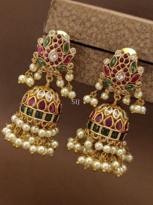 Multi Color Kemp Stones Jhumka Earrings with Pearl Hangings